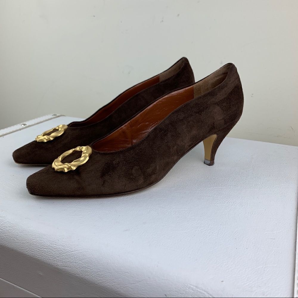Vintage Paloma Brown Suede Pointy Toe Heels Satin Gold Circle Accent